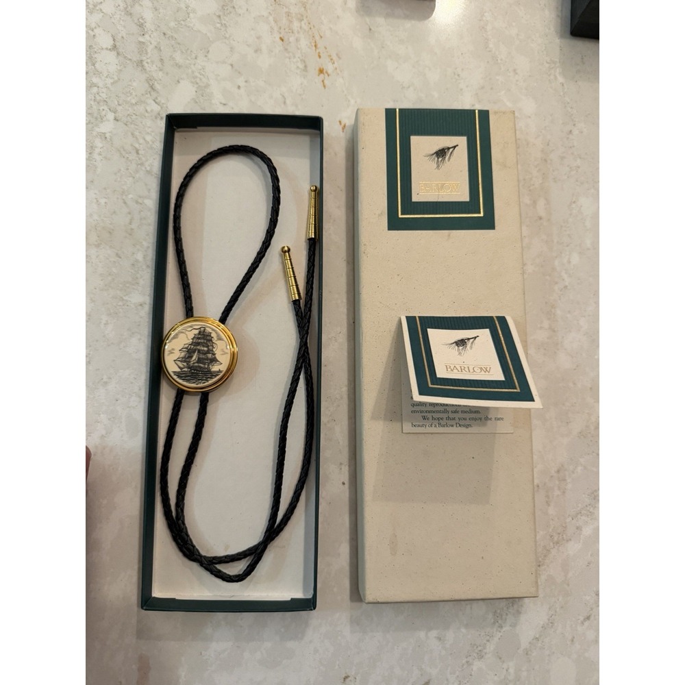 Stephen Barlow Ship Bolo Tie Nautical Scrimshaw Style w/ Box Vintage